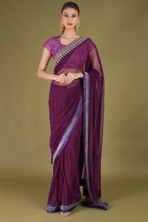 Wine Embroidered Net Saree